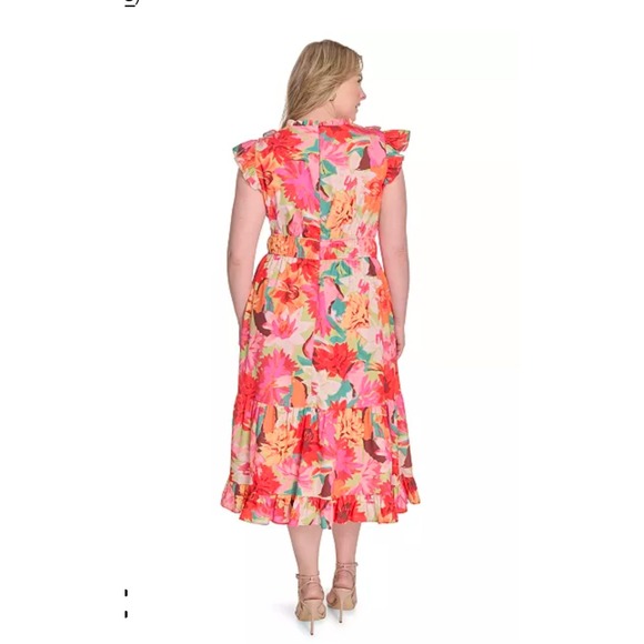 Vince Camuto Dresses & Skirts - Vince Camuto Womens Floral Ruffle V-Neck Tiered Midi Dress Pink Orange Size 16